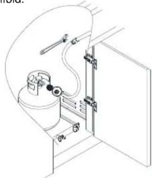 Technical line drawing of a mechanical device with pipes and housing (no text or symbols)