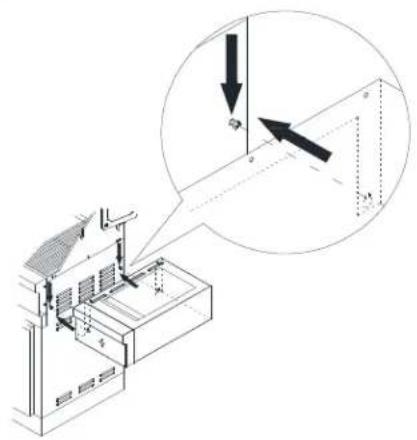 Technical diagram showing a mechanical assembly with an inset magnified view of a structural detail with arrows and dimension lines.