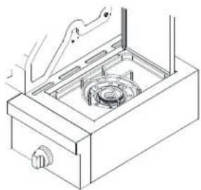 Technical line drawing of a mechanical device with a central fan and mounting bracket (no text or symbols)