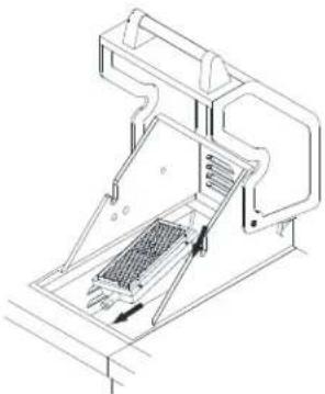 Technical line drawing of a mechanical device with internal components and directional arrows (no text or symbols)