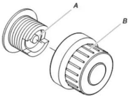 Technical line drawing of a mechanical component with labeled parts A and B (no text or symbols beyond labels)