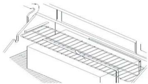 Technical line drawing of a structural ladder system with horizontal supports and a curved pipe (no text or symbols)