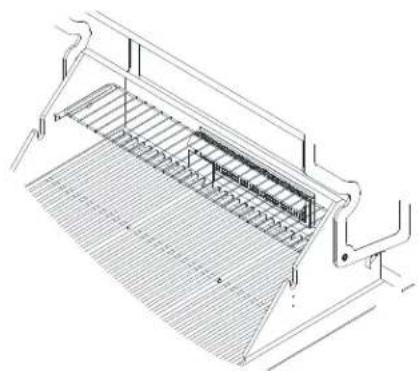 Technical line drawing of a structural support frame with mesh grid and railings (no text or symbols)
