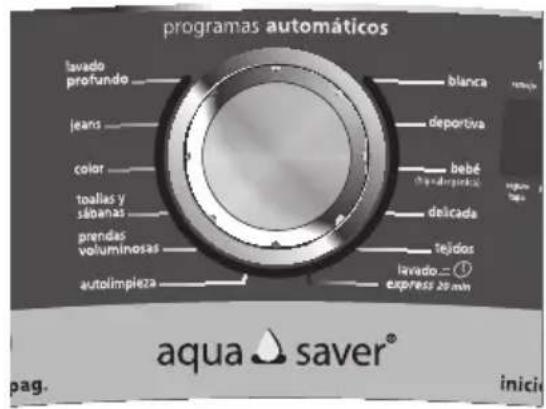 programas automáticos lavado profundo jeans color toalias y sóbanas prendas voluminosas autolimpleza blanca deportiva bebé delicada tejidos lavado~ expres 20 min ag. inici apag. aqua saver®