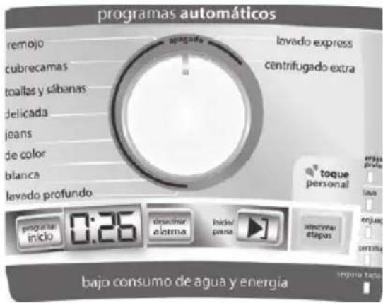 programas automáticos remojo cubrecamas toallas y síbanas delicada jeans de color blanca levedo profundo lovado express centrifugado extra toque personal 0:26 distribuir elorma Inider/parca inserena etépas bajo consumo de agua y energía