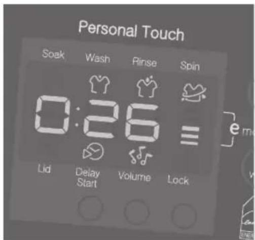 Personal Touch Soak Wash Rinse Spin 0:26 Lid Delay Volume Lock