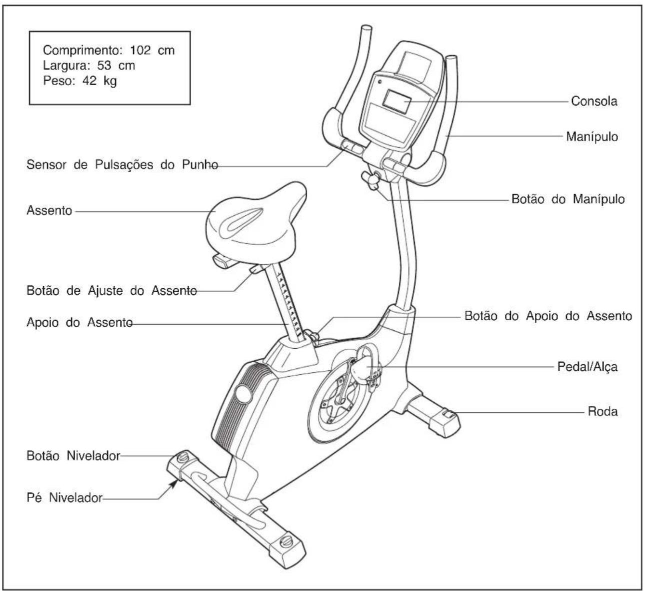 Comprimento: 102 cm Largura: 53 cm Peso: 42 kg Sensor de Pulsações do Punho Assento Botão de Ajuste do Assento Apoio do Assento Botão do Manípulo Botão do Manípulo Botão do Apoio do Assento Pedal/Alça Roda Botão Nivelador Pé Nivelador Consola Manípulo