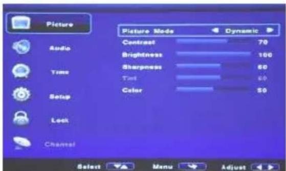 Picture Audio Time Setup Lock Channel Picture Mode Dynamic Contrast 70 Brightness 100 Sharpness 60 Text 60 Color 50 Select Menu Adjust