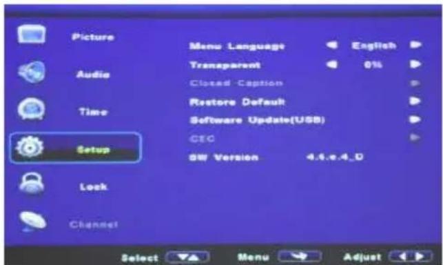 Picture Audio Time Setup Lock Channel Menu Language Transparent Closed Caption Restore Default Software Update(USB) CIC SW Version 4.4.e.4.0 English 0%