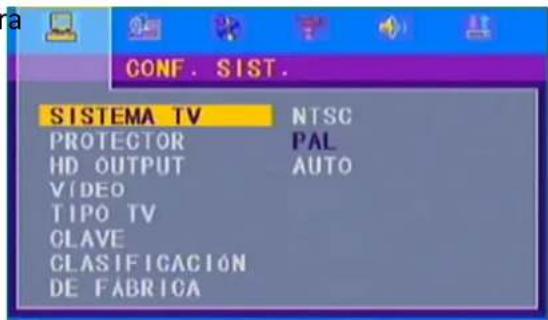 CONF. SIST. SISTEMA TV NTSC PROTECTOR PAL HD OUTPUT AUTO VIDEO TIPO TV CLAVE CLASIFICACIÓN DE FÁBRICA