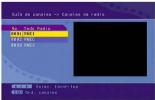 Guía de canates -> Canates de radio No Tedo Radio 0001 RNE1 0002 RNEC 0003 RNE3 Selec. favoritos 080 Ord. canales