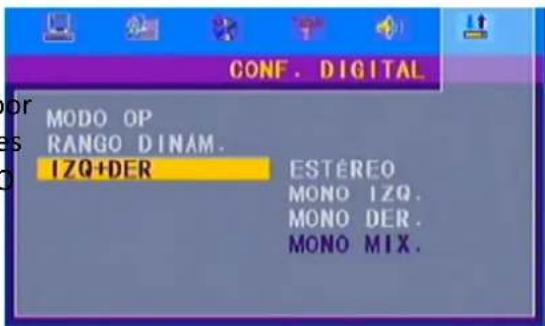 CONF. DIGITAL MODO OP RANGO DINAM. IZQ+DER ESTÉREO MONO IZQ. MONO DER. MONO MIX.