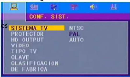 CONF. SIST. SISTEMA TV NTSC PROTECTOR PAL HD OUTPUT AUTO VIDEO TIPO TV CLAVE CLASIFICACIÓN DE FÁBRICA