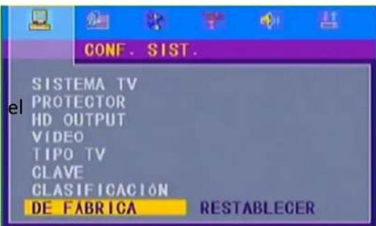 CONF. SIST. SISTEMA TV PROTECTOR HD OUTPUT VIDEO TIPO TV CLAVE CLASIFICACIÓN DE FABRICA RESTABLECER