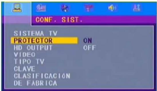 CONF. SIST. SISTEMA TV PROTECTOR ON HD OUTPUT OFF VIDEO TIPO TV CLAVE CLASIFICACIÓN DE FABRICA