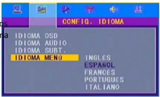 CONFIG. IDIOMA IDIOMA OSD IDIOMA AUDIO IDIOMA SUBT. IDIOMA MENU INGLÉS ESPAROL FRANÇÉS PORTUGUES ITALIANO