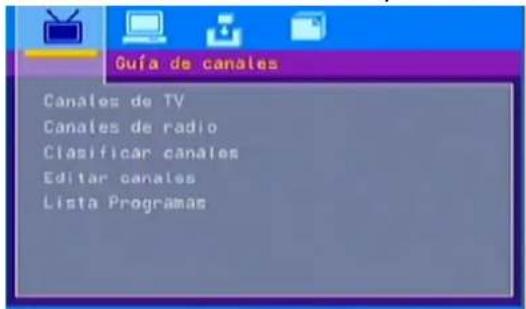 Guía de canales Canales de TV Canales de radio Clasificar canales Editar canales Lista Programas