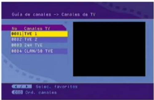 Guía de canales -> Canales de TV No Canales TV 0001 TVE 1 0002 TVE 2 0003 24H TVE 0004 CLAN/50 TVE C: SElec. favoritos 0:00 Ord. canales