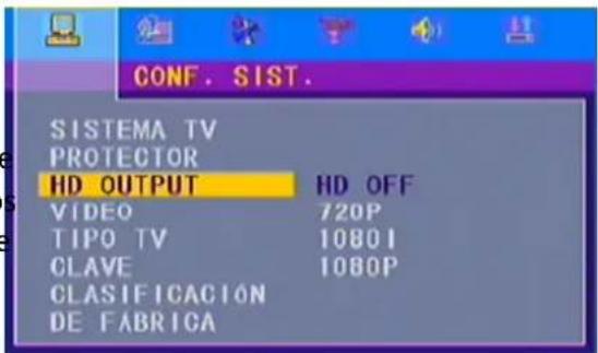 CONF. SIST. SISTEMA TV PROTECTOR HD OUTPUT HD OFF VIDEO 720P TIPO TV 1080I CLAVE 1080P CLASIFICACIÓN DE FÁBRICA
