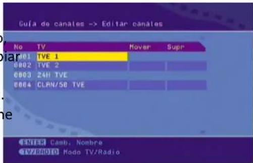 Guía de canales -> Editar canales No TV Mover Supr 001 TVE 1 0002 TVE 2 0003 24H TVE 0004 CLRN/58 TVE ENTER Camb, Nombre TV/RBOID Modo TV/Radio