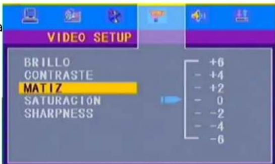 VIDEO SETUP BRILLO CONTRASTE MATIZ SATURACION SHARPNESS +6 - +4 - +2 - 0 - -2 - -4 - -6