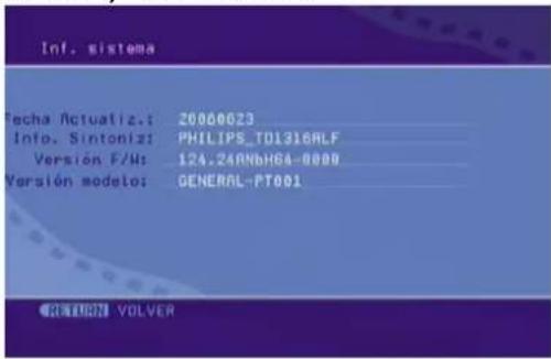 Inf. sistema Fecha Actualiz.: 20060023 Info. Sintoniz: PHILIPS_TD1316ALF Versión F/M: 124.24ANbH64-0000 Versión modelo: GENERAL-PT001 RETURN VOLVER