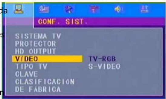 CONF. SIST. SISTEMA TV PROTECTOR HD OUTPUT VIDEO TIPO TV CLAVE CLASIFICACIÓN DE FABRICA TV-RGB S-VIDEO