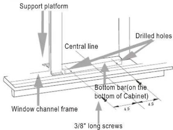 Support platform Central line Drilled holes Window channel frame Bottom bar(on the bottom of Cabinet) 3/8" long screws 4.9 4.9