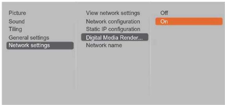 Picture Sound Tiling General settings Network settings View network settings Network configuration Static IP configuration Digital Media Render... Network name Off On