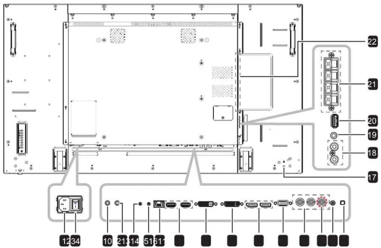Technical diagram of a server rack with labeled ports and connectors, showing internal components and terminal numbers.