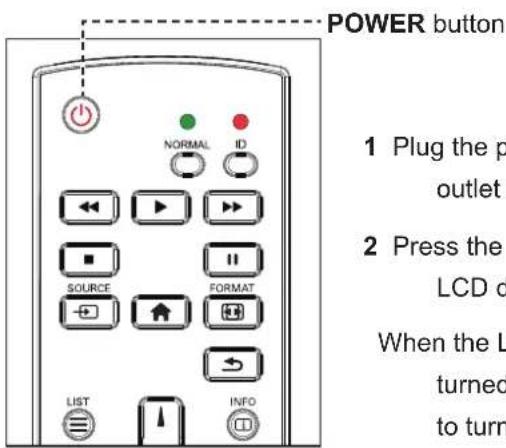 POWER button 1 Plug the p outlet 2 Press the LCD d When the L turned to turn