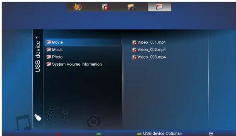 USB device 1 Movie Music Photo System Volume Information Video_001.mp4 Video_002.mp4 Video_003.mp4 USB device Options