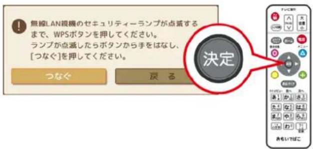 無線LAN視機のセキュリティーランプが点滅する まで、WPSボタンを押してください。 ランプが点滅したらボタンから手をはなし、 [つなぐ]を押してください。 つなぐ 戻る 決定