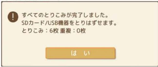 すべてのとりこみが完了しました。 SDカード/USB機器をとりはずせます。 とりこみ:6枚 重複:0枚 はい