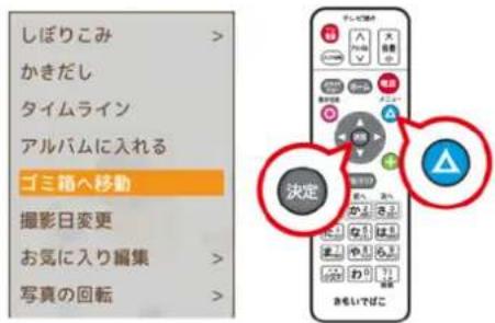 しぼりこみ かきだし タイムライン アルバムに入れる ゴミ箱へ移動 撮影日変更 お気に入り編集 写真の回転 決定 ▲