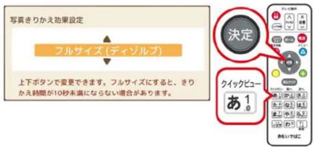 写真きりかえ効果設定 フルサイズ(ディゾルブ) 上下ボタンで変更できます。フルサイズにすると、きり かえ時間が10秒未満にならない場合があります。 決定 クイックビュー あ 1.0