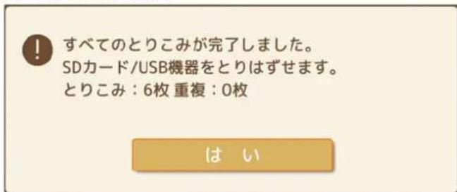 すべてのとりこみが完了しました。 SDカード/USB機器をとりはずせます。 とりこみ:6枚 重複:0枚 は い