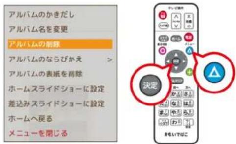 アルバムのかきだし アルバム名を変更 アルバムの削除 アルバムのならびかえ アルバムの表紙を削除 ホームスライドショーに設定 差込みスライドショーに設定 ホームへ戻る メニューを閉じる 決定