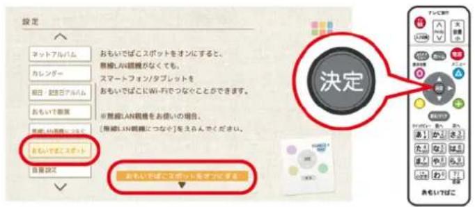 設定 ネットアルバム カレンダー 組合・記念システム おもいで無し 自動設定 おもいで無しスポットを示すに示す。 無線LAN調査がなくても、 スマートフォン/タブレットを おもいで無しにWi-Fiでつなぐことができます。 ※無線LAN観書をお使いの場合、 [無線LAN調査につなぐ]をえんんでください。 決定 おもいで無しスポットを示すに示す。