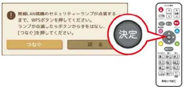 無線LAN視機のセキュリティーランプが点滅する まで、WPSボタンを押してください。 ランプが点滅したらボタンから手をはなし、 [つなぐ]を押してください。 つなぐ 戻る 決定