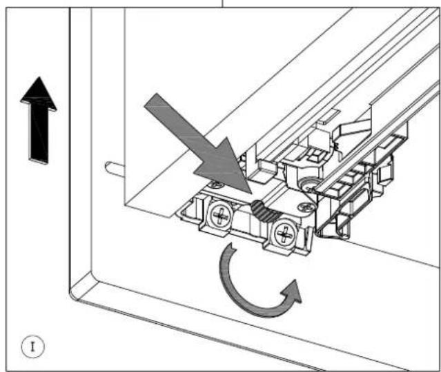 Mechanical assembly diagram showing a moving component with directional arrows indicating motion (no text or symbols)