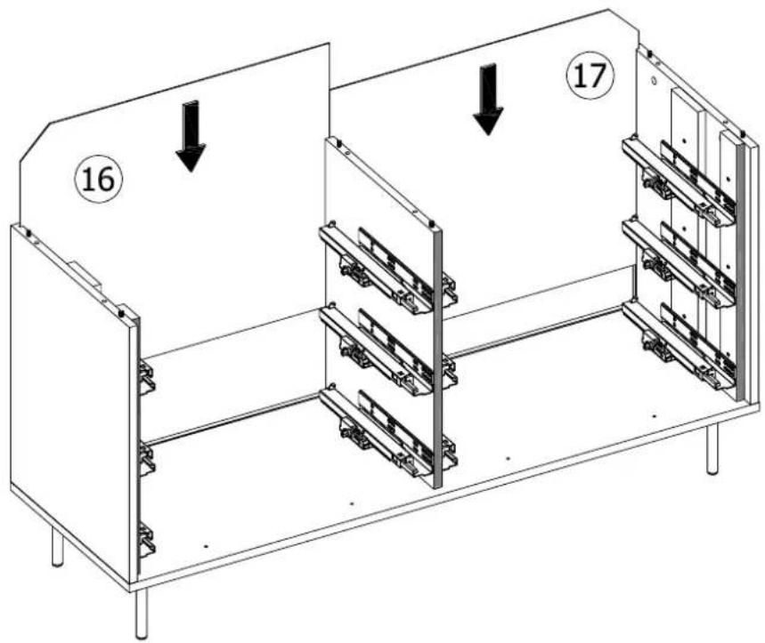 Technical diagram of a multi-level electronic device with numbered components and directional arrows indicating assembly or status.