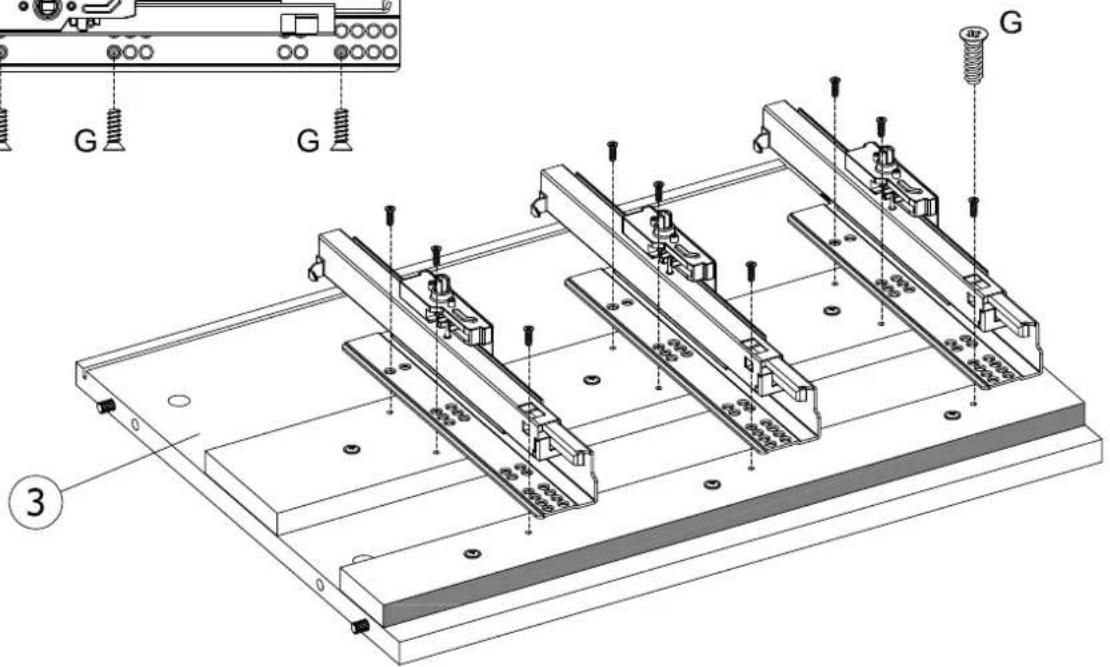 Technical diagram of a mechanical assembly with labeled components and a magnified inset showing G and pin connections.