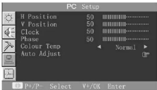 PC Setup H Position 50 Normal ▶ V Position 50 Normal ▶ Clock 50 Phase 50 Colour Temp Auto Adjust P+/P- Select V+/OK Enter