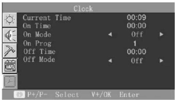 Clock Current Time 00:09 On Time 00:00 On Mode Off On Prog 1 Off Time 00:00 Off Mode Off P+/P- Select V+/OK Enter