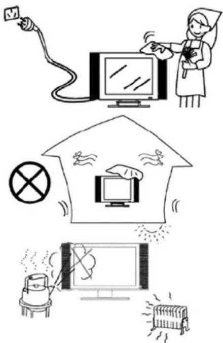 Illustration showing a nurse using a power adapter to clean a TV, with a prohibition symbol and a TV setup emitting exhaust.