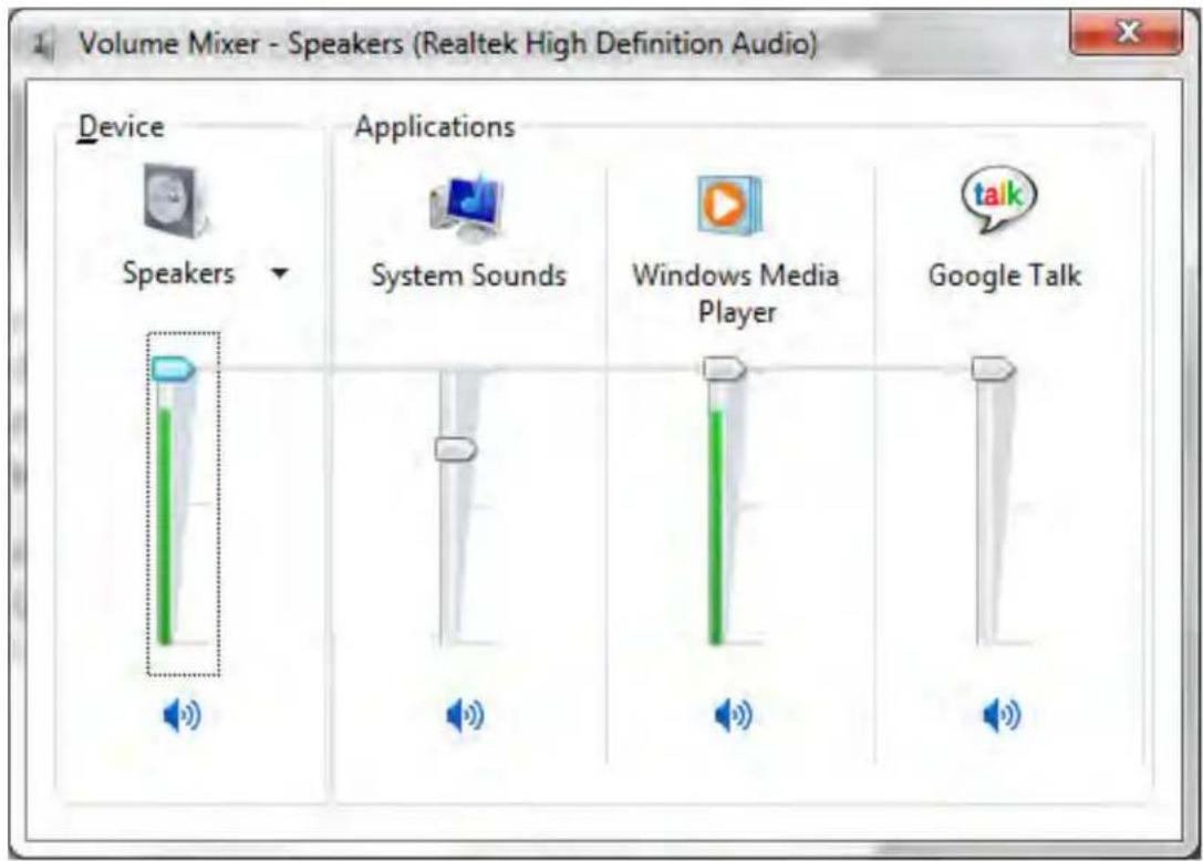 Volume Mixer - Speakers (Realtek High Definition Audio) Device Speakers Applications System Sounds Windows Media Player Google Talk
