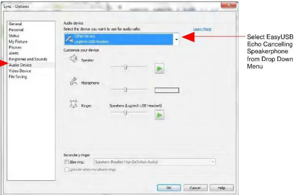 Lync - Options General Personal Status My Picture Phones Alerts Ringtones and Sounds Audio Device Video Device File Saving Audio device Select the device you want to use for audio calls: Other Device Logitech USB Headset Learn More Customize your device Speaker: Microphone Ringer Speakers (Logitech…