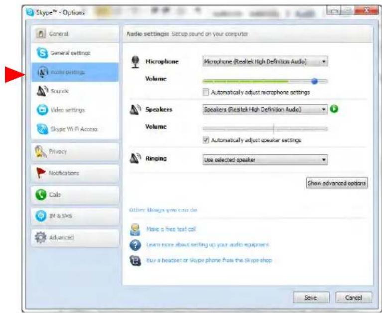 Skype™ - Options General General settings Audio settings Sounds Video settings Skype Wi-Fi Access Privacy Notifications Calls EN & SKS Advanced Audio settings: Setup sound on your computer Microphone Microphone (Realtek High Definition Audio) Volume Automatically adjust microphone settings Speakers…