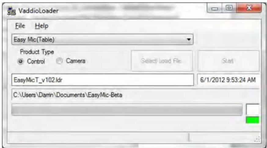 VaddioLoader File Help Easy Mic(Table) Product Type Control Camera Select Load File Start EasyMicT_v102ldr 6/1/2012 9:53:24 AM C:\Users\Damin\Documents\EasyMic-Beta